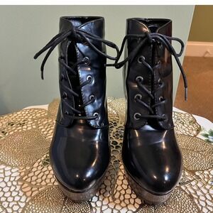 Rouge Black Platform Lace‎ Up Ankle Boots Women's High Heel Booties Size 7.5